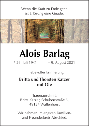Traueranzeige von Alois Barlag von Neue Osnabrücker Zeitung GmbH & Co. KG
