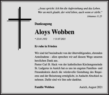 Traueranzeige von Aloys Wobben von Neue Osnabrücker Zeitung GmbH & Co. KG