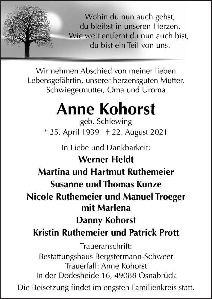  Traueranzeige für Anne Kohorst vom 28.08.2021 aus Neue Osnabrücker Zeitung GmbH & Co. KG
