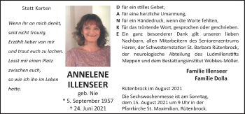 Traueranzeige von Annelene Illenseer von Neue Osnabrücker Zeitung GmbH & Co. KG