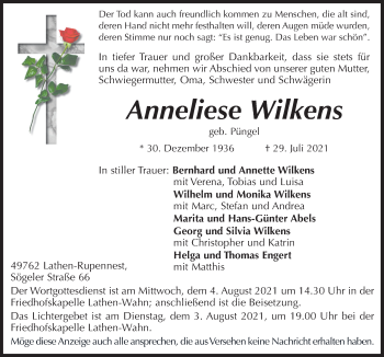 Traueranzeige von Anneliese Wilkens von Neue Osnabrücker Zeitung GmbH & Co. KG