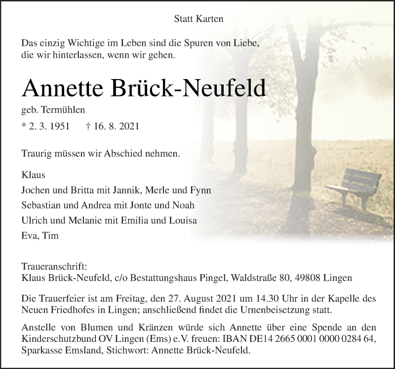  Traueranzeige für Annette Brück-Neufeld vom 21.08.2021 aus Neue Osnabrücker Zeitung GmbH & Co. KG