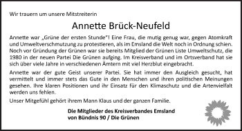 Traueranzeige von Annette Brück-Neufeld von Neue Osnabrücker Zeitung GmbH & Co. KG
