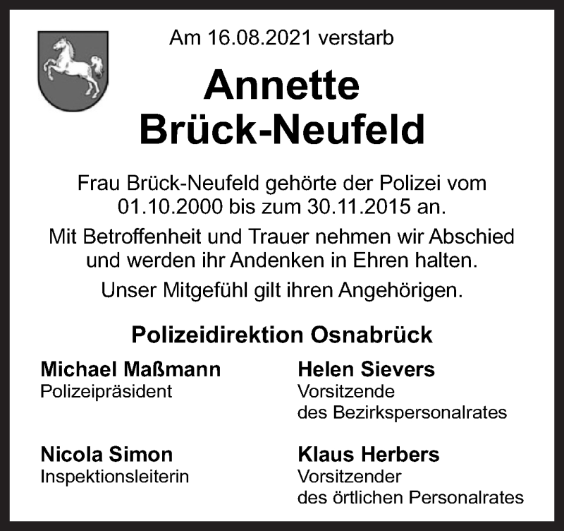  Traueranzeige für Annette Brück-Neufeld vom 23.08.2021 aus Neue Osnabrücker Zeitung GmbH & Co. KG