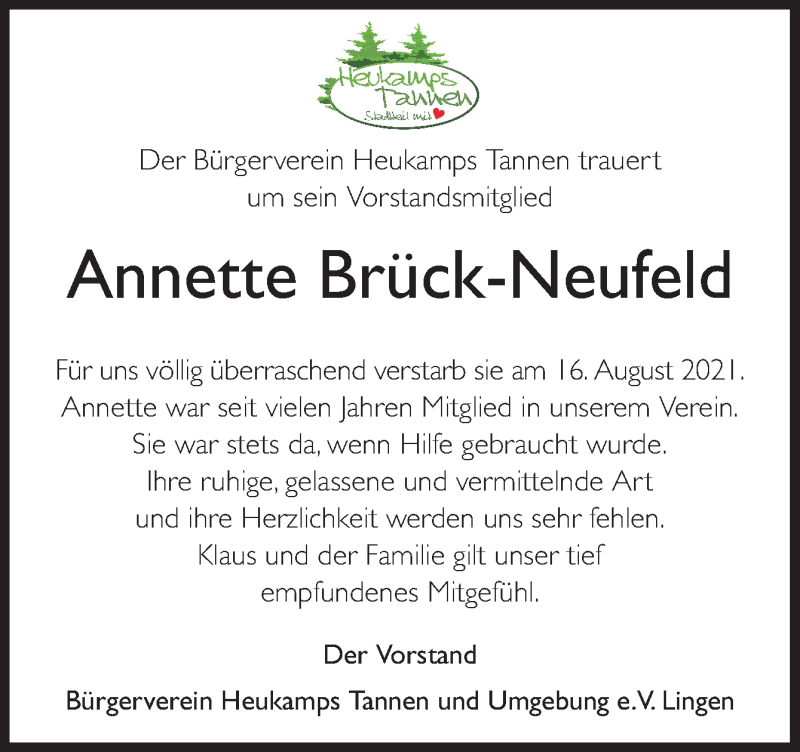  Traueranzeige für Annette Brück-Neufeld vom 28.08.2021 aus Neue Osnabrücker Zeitung GmbH & Co. KG
