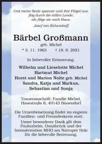 Traueranzeige von Bärbel Großmann von Neue Osnabrücker Zeitung GmbH & Co. KG