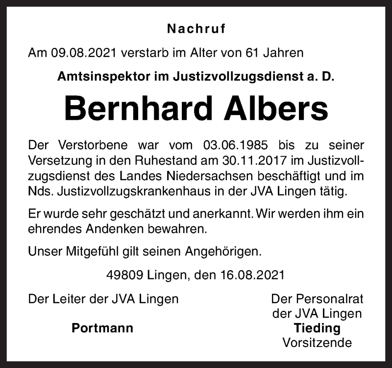  Traueranzeige für Bernhard Albers vom 17.08.2021 aus Neue Osnabrücker Zeitung GmbH & Co. KG