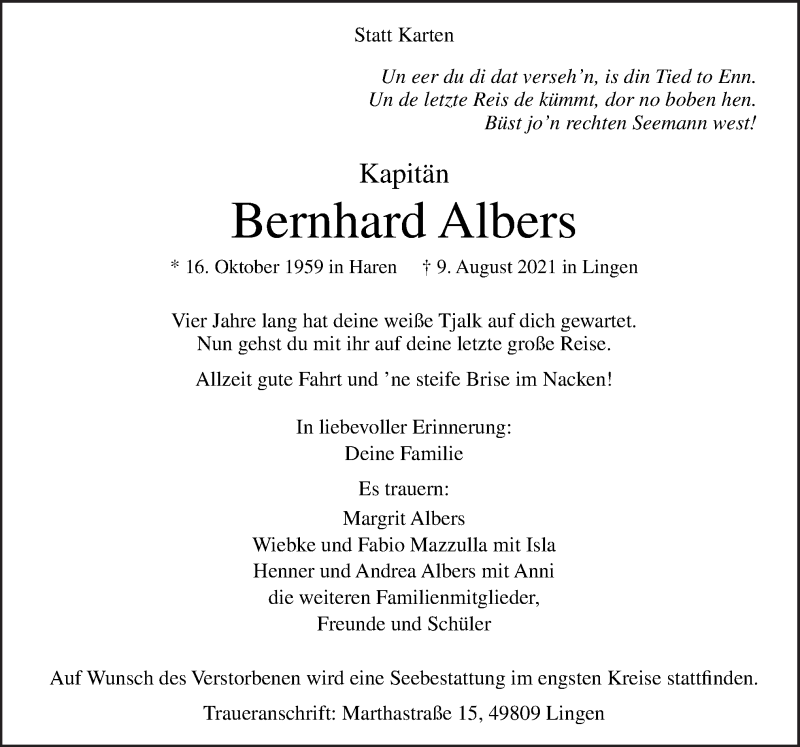  Traueranzeige für Bernhard Albers vom 14.08.2021 aus Neue Osnabrücker Zeitung GmbH & Co. KG