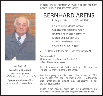 Traueranzeige von Bernhard Arens von Neue Osnabrücker Zeitung GmbH & Co. KG