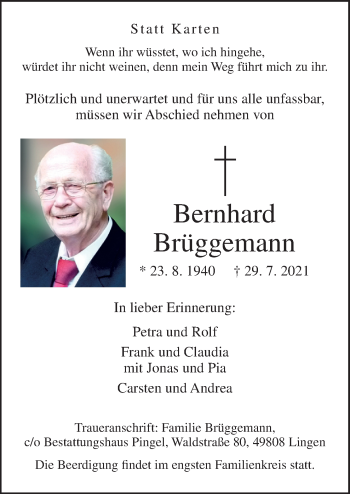 Traueranzeige von Bernhard Brüggemann von Neue Osnabrücker Zeitung GmbH & Co. KG