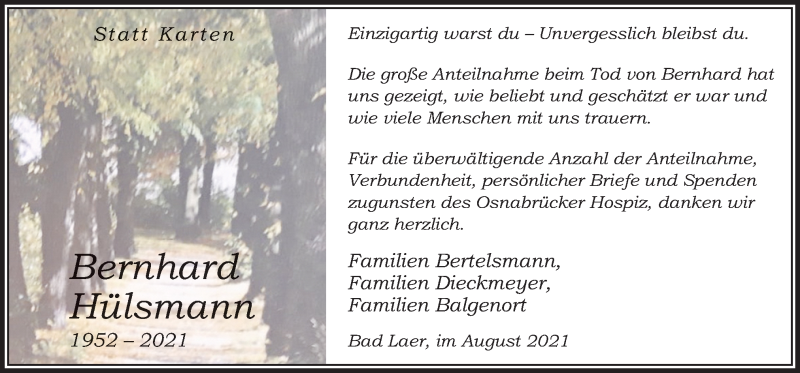  Traueranzeige für Bernhard Hülsmann vom 05.08.2021 aus Neue Osnabrücker Zeitung GmbH & Co. KG