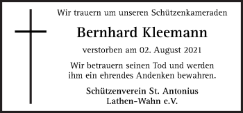 Traueranzeige von Bernhard Kleemann von Neue Osnabrücker Zeitung GmbH & Co. KG