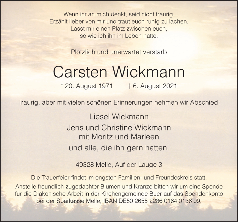  Traueranzeige für Carsten Wickmann vom 10.08.2021 aus Neue Osnabrücker Zeitung GmbH & Co. KG