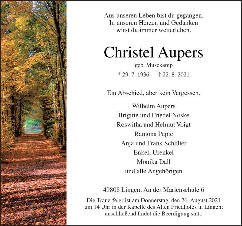  Traueranzeige für Christel Aupers vom 25.08.2021 aus Neue Osnabrücker Zeitung GmbH & Co. KG