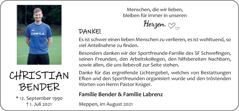  Traueranzeige für Christian Bender vom 14.08.2021 aus Neue Osnabrücker Zeitung GmbH & Co. KG