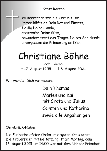 Traueranzeige von Christiane Böhne von Neue Osnabrücker Zeitung GmbH & Co. KG
