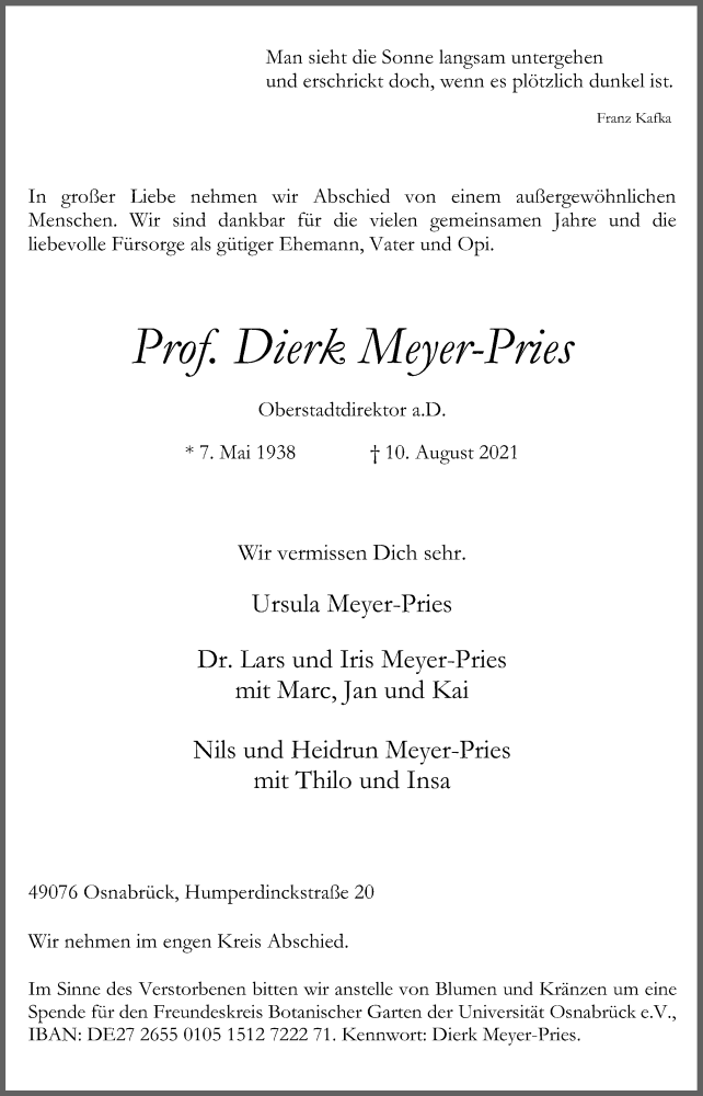  Traueranzeige für Dierk Meyer-Pries vom 14.08.2021 aus Neue Osnabrücker Zeitung GmbH & Co. KG