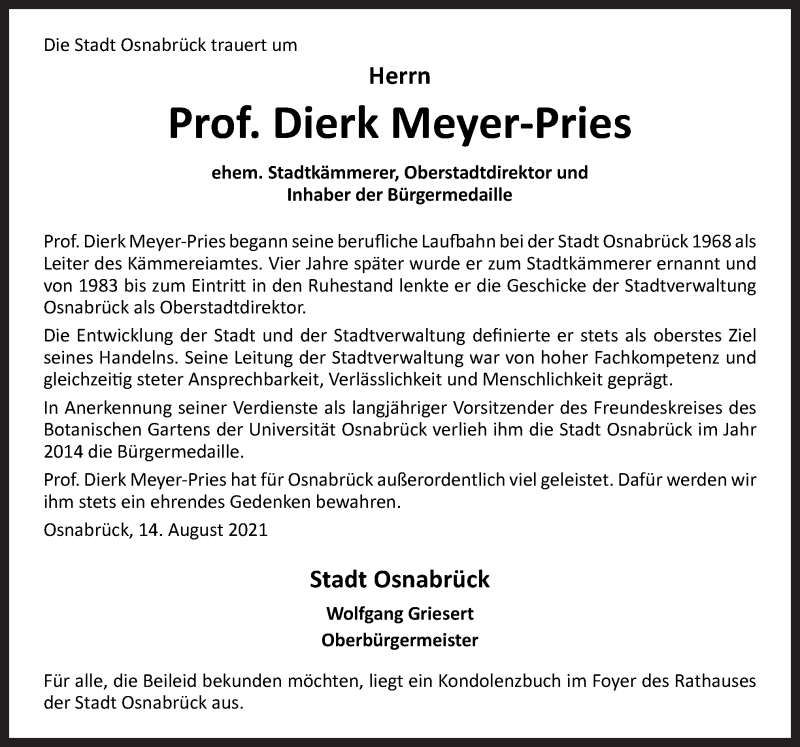  Traueranzeige für Dierk Meyer-Pries vom 14.08.2021 aus Neue Osnabrücker Zeitung GmbH & Co. KG