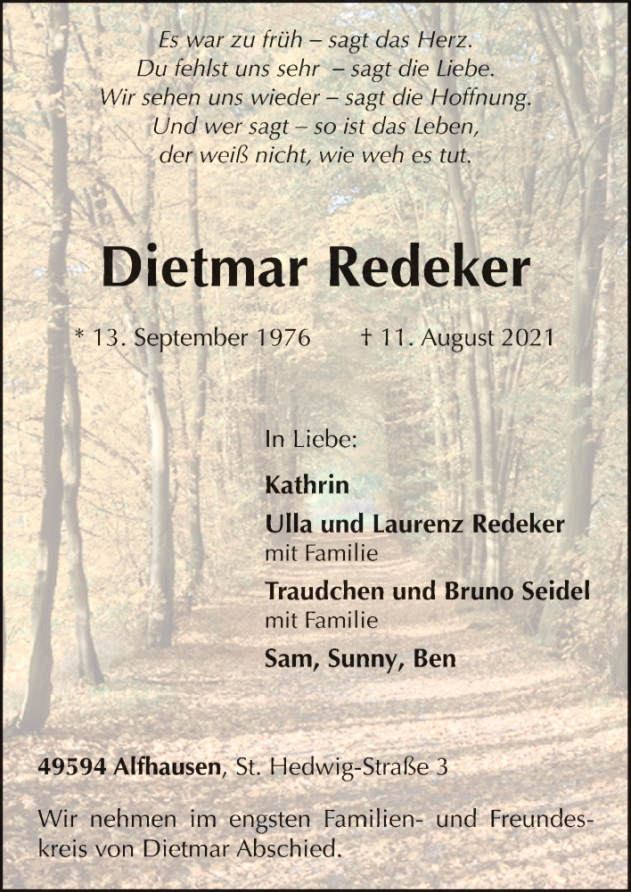  Traueranzeige für Dietmar Redeker vom 18.08.2021 aus Neue Osnabrücker Zeitung GmbH & Co. KG