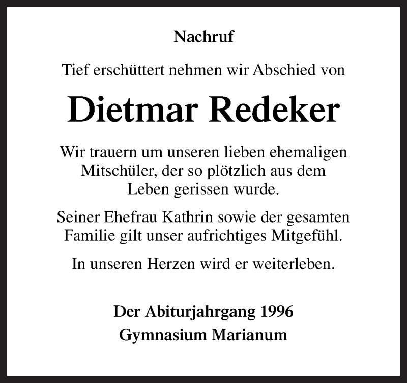  Traueranzeige für Dietmar Redeker vom 19.08.2021 aus Neue Osnabrücker Zeitung GmbH & Co. KG