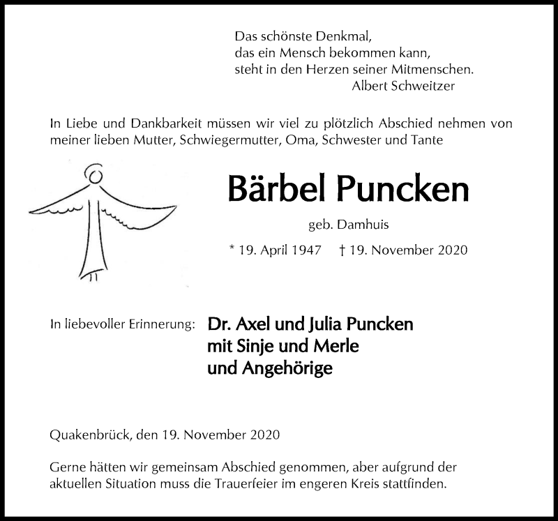  Traueranzeige für Bärbel Puncken vom 28.11.2020 aus Neue Osnabrücker Zeitung GmbH & Co. KG