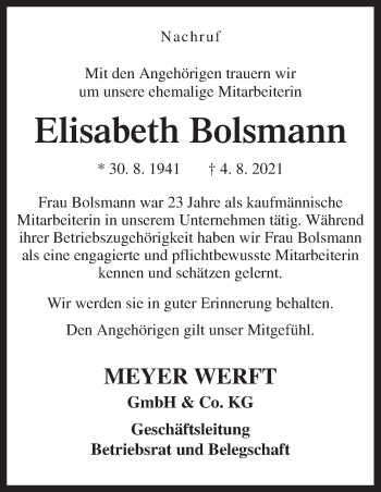 Traueranzeige von Elisabeth Bolsmann von Neue Osnabrücker Zeitung GmbH & Co. KG