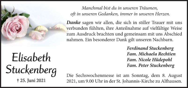  Traueranzeige für Elisabeth Stuckenberg vom 05.08.2021 aus Neue Osnabrücker Zeitung GmbH & Co. KG