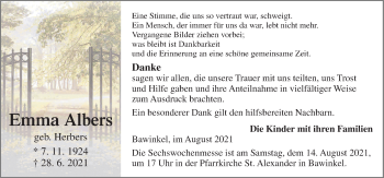 Traueranzeige von Emma Albers von Neue Osnabrücker Zeitung GmbH & Co. KG