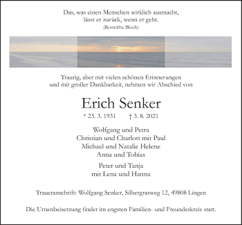 Traueranzeige von Erich Senker von Neue Osnabrücker Zeitung GmbH & Co. KG