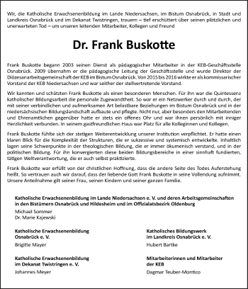Traueranzeige von Frank Buskotte von Neue Osnabrücker Zeitung GmbH & Co. KG