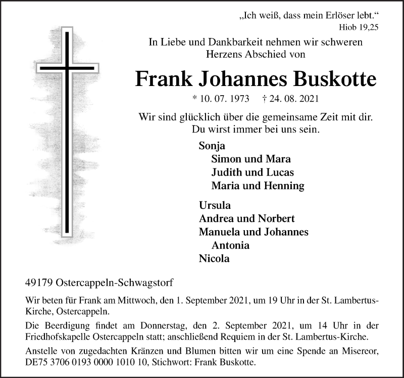  Traueranzeige für Frank Johannes Buskotte vom 31.08.2021 aus Neue Osnabrücker Zeitung GmbH & Co. KG