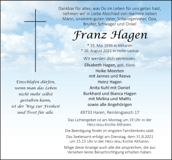Traueranzeige von Franz Hagen von Neue Osnabrücker Zeitung GmbH & Co. KG
