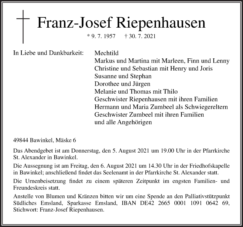  Traueranzeige für Franz-Josef Riepenhausen vom 02.08.2021 aus Neue Osnabrücker Zeitung GmbH & Co. KG