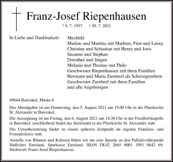 Traueranzeige von Franz-Josef Riepenhausen von Neue Osnabrücker Zeitung GmbH & Co. KG