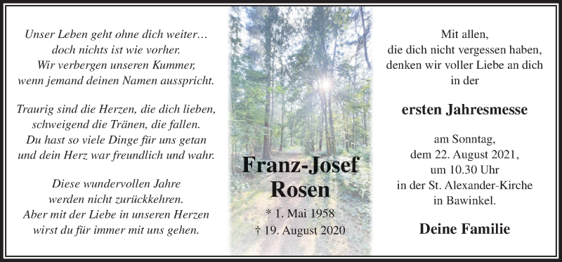  Traueranzeige für Franz-Josef Rosen vom 14.08.2021 aus Neue Osnabrücker Zeitung GmbH & Co. KG