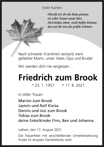 Traueranzeige von Friedrich zum Brook von Neue Osnabrücker Zeitung GmbH & Co. KG