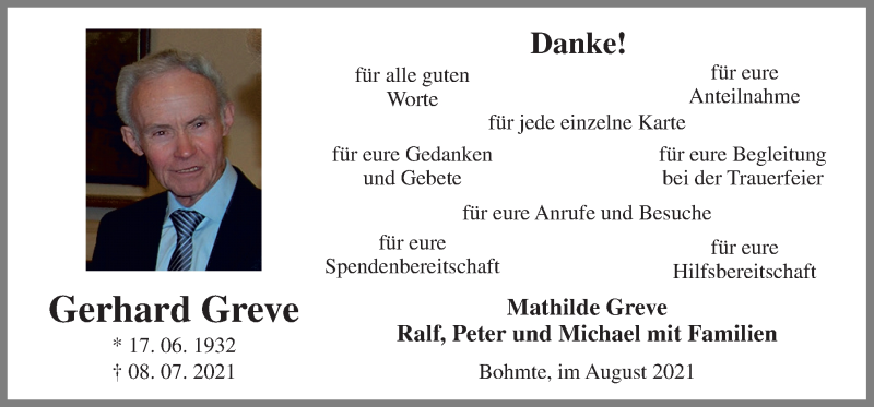  Traueranzeige für Gerhard Greve vom 21.08.2021 aus Neue Osnabrücker Zeitung GmbH & Co. KG