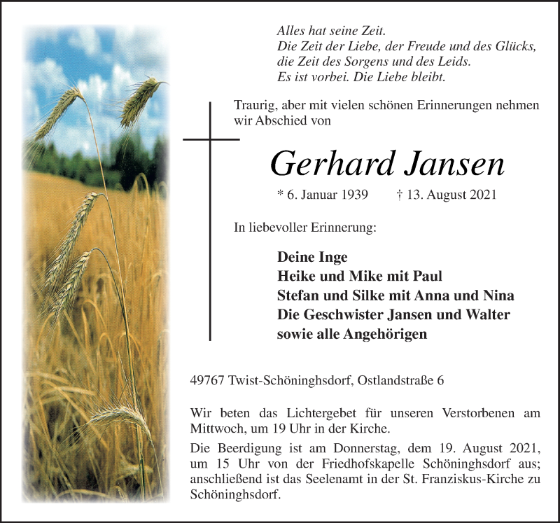  Traueranzeige für Gerhard Jansen vom 16.08.2021 aus Neue Osnabrücker Zeitung GmbH & Co. KG