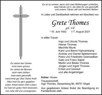 Traueranzeige von Grete Thomes von Neue Osnabrücker Zeitung GmbH & Co. KG