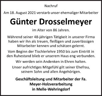 Traueranzeige von Günter Drosselmeyer von Neue Osnabrücker Zeitung GmbH & Co. KG