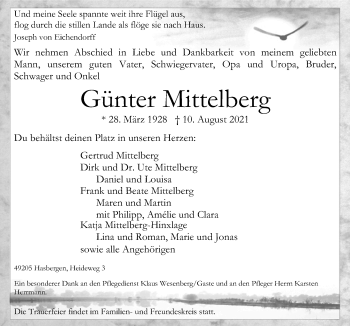 Traueranzeige von Günter Mittelberg von Neue Osnabrücker Zeitung GmbH & Co. KG