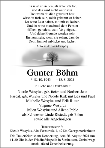 Traueranzeige von Gunter Böhm von Neue Osnabrücker Zeitung GmbH & Co. KG