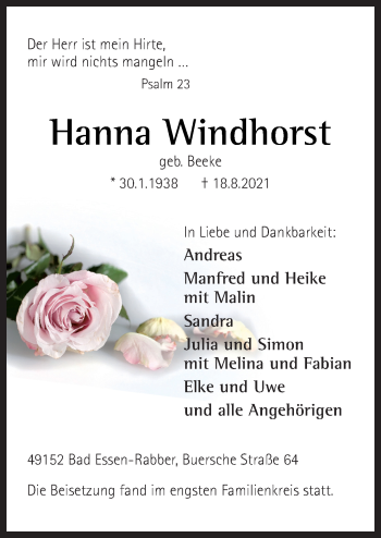 Traueranzeige von Hanna Windhorst von Neue Osnabrücker Zeitung GmbH & Co. KG