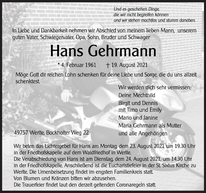  Traueranzeige für Hans Gehrmann vom 21.08.2021 aus Neue Osnabrücker Zeitung GmbH & Co. KG