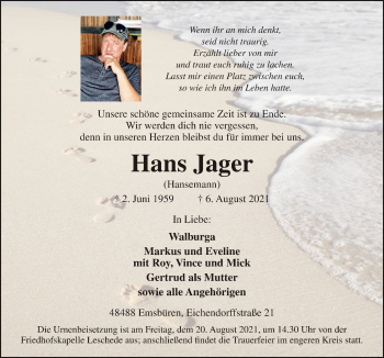 Traueranzeige von Hans Jager von Neue Osnabrücker Zeitung GmbH & Co. KG