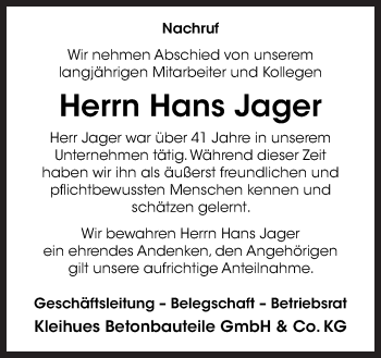 Traueranzeige von Hans Jager von Neue Osnabrücker Zeitung GmbH & Co. KG