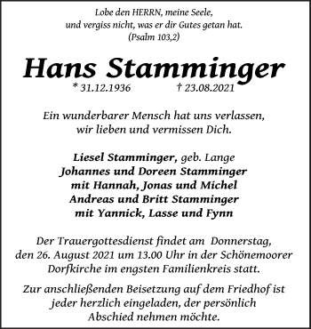 Traueranzeige von Hans Stamminger von Neue Osnabrücker Zeitung GmbH & Co. KG