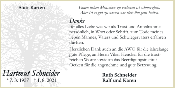 Traueranzeige von Hartmut Schneider von Neue Osnabrücker Zeitung GmbH & Co. KG