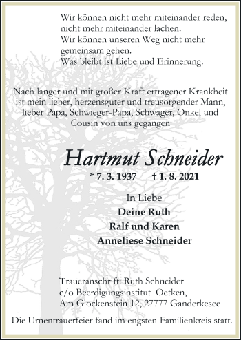 Traueranzeige von Hartmut Schneider von Neue Osnabrücker Zeitung GmbH & Co. KG