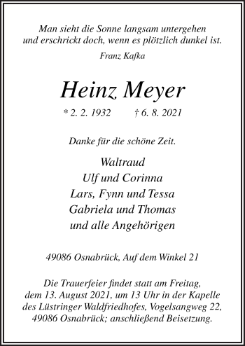 Traueranzeige von Heinz Meyer von Neue Osnabrücker Zeitung GmbH & Co. KG